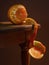 Juicy orange orange, on a wooden table, with a dark background, soft light. Imitation of a Dutch kitchen still life. Mono food
