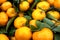 Juicy orange Tangerines oranges, mandarins, clementines, citrus fruits with leaves in market