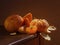 Juicy orange white tangerine or mandarin, on a wooden table, with a dark background, soft light. Imitation of a Dutch kitchen