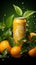 Juicy oranges, green leaves, and a falling aluminum soda can in motion
