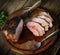 Juicy piece of pork, pepper, noh and fork on a wooden background