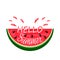 Juicy piece of watermelon bite with a spray of juice and hand written Hello summer. logo on a white background. flat isolated