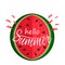 Juicy piece of watermelon bite with a spray of juice and hand written Hello summer. logo on a white background. flat isolated