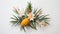 A juicy pineapple, its spiky exterior offset by tropical pineapple blossoms and leaves