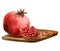 Juicy pomegranates on wooden board watercolor illustration whole fruit, slice and seeds isolated on white