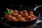 Juicy pork meat balls in tomato sauce in a frying pan on a dark background. Generative ai