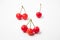 Juicy red cherries single double triple with stems in one frame on a white background