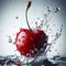 Juicy red cherries in water splash on white