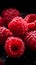Juicy red raspberries with water droplets on a dark background.