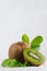 Juicy ripe green kiwi with wet slice section, young leaf on white wood background, closeup, vertical.