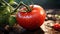 A juicy ripe red appetizing tomato lies on the ground. Delicious nutritious food