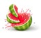 Juicy ripe watermelon cuts with splashes of juice drops. Illustration.
