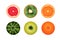 Juicy round fruits isolated on a white background, grapefruit, watermelon, kiwi, apple orange