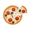 Juicy round pizza with sliced slice and pepperoni, olives. Digital texture art. Print for cards, banners, posters, menus, restaura