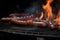 Juicy sausages on the grill with fire flames. Generative AI