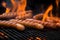 Juicy sausages on the grill with fire flames. Generative AI