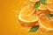 Juicy sensation Fresh orange slices adorned with dynamic water splashes
