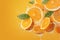 Juicy sensation Fresh orange slices adorned with dynamic water splashes