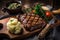 Juicy and sizzling steak with grill marks on a rustic wooden board and a side of roasted vegetables and mashed potatoes