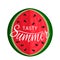 Juicy slice of watermelon bite with hand lettering Tasty summer. logo on a white background. flat isolated vector