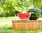 Juicy slice of watermelon on picnic hamper