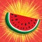 Juicy slice of watermelon. Yellow, shiny radial rays speed lines on bright red background. Abstract background, vector