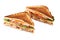 Juicy sliced club sandwich on white background