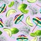 Juicy slices of lime and avocado, tropical leaves, water drops and a striped beach umbrella. Seamless pattern for leisure and vaca