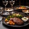 Juicy steak, with potatoes, broccoli sauce, glasses of wine and a candle