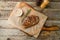 juicy Striploin Steak on wooden board on old table