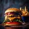 Juicy studio shot of a double loaded cheese burger with fries.