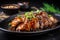 Juicy and succulent chicken teriyaki in a dark, glossy sauce, garnished with sesame seeds and green onions