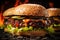 Juicy three beef burgers with sauce, close view