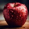 A juicy, vibrant red apple with droplets of water on its smooth skin, sitting on a wooden cutting board. Ai generated