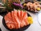 juicy yummy delicious tasty raw and fresh fatty Sliced â€‹â€‹orange salmon sashimi fish in Japanese style popular seafood