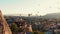 JUL 26, 2021 CAPPADOCIA, TURKEY Epic aerial panorama, colorful air balloons fly in sunrise sky above historic old town.