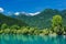 Julian Alps reflection in Most na Soci lake,Slovenia