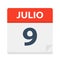 Julio 9 - Calendar Icon - July 9. Vector illustration of Spanish Calendar Leaf