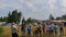 July 10, 2021. Torzhok, Panika village, Tver region. A man waters people from a fire truck hose on a hot, sultry summer day during