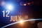 July 12nd. Day 12 of month, Calendar date. The spaceship near earth globe planet with sunrise and calendar day. Elements of this