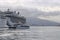 July 14 2021 - Naples, Italy: Port of Naples with cruise ships in front of the vesuv mountain