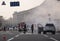 July 15, 2015. Independence Square Kyiv: Fire extinguishes an outbreak of a car near the trade unions\' house
