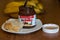 July 18th, 2017, Cork, Ireland - Nutella jar and a slice of homemade break with healthy fruits