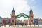 July 2022, Uzbekistan, Tashkent. Tower building, singing fountain in Amusement Park Magic City former Komsomolskoye lake