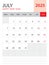 July 2025, Calendar 2025 template vector on red background, week start on monday, Desk calendar 2025 year, Wall calendar design,