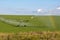 July 22, 2019 Nebraska Farm fields Near O`Nell Nebraska.Pivot running in field with rainbow on sunny day . High quality