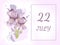 July 22. 22th day of the month, calendar date.Two beautiful iris flowers, against a background of blurred spots, pastel colors.