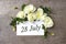 July 28th. Day 28 of month, Calendar date. White roses border on pastel grey background with calendar date. Summer month, day of