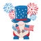 July 4th American patriotic gnome in top hat holding cracker and flag