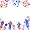 July Fourth banner with fireworks and salute on white background. Festive independence day illustration for cards, white, red,blue